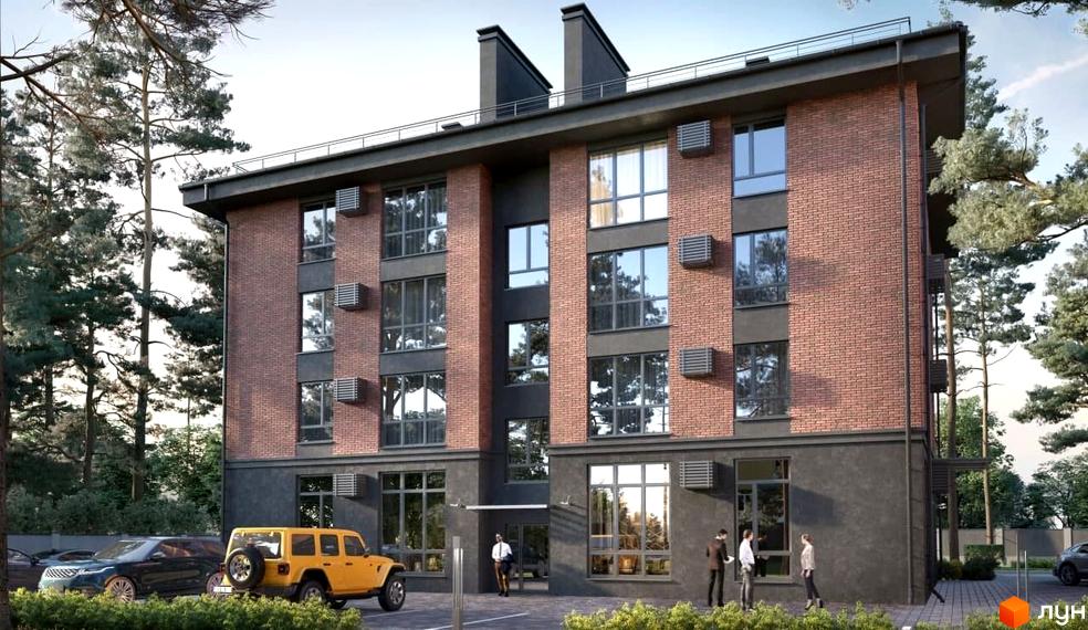 Зображення фасаду Житлового комплексу КБ Поема. На фото будинок з червоної цегли та припарковані авто.