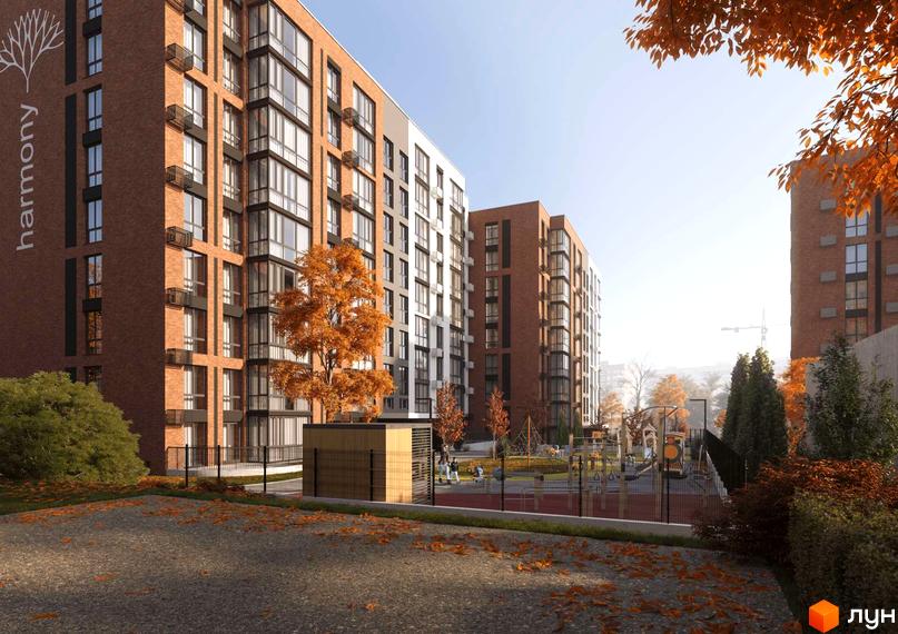 Зображення фасаду та прибудинкової території Житлового комплексу HARMONY for you. На території розташовані дитячий майданчик та зелені насадження.