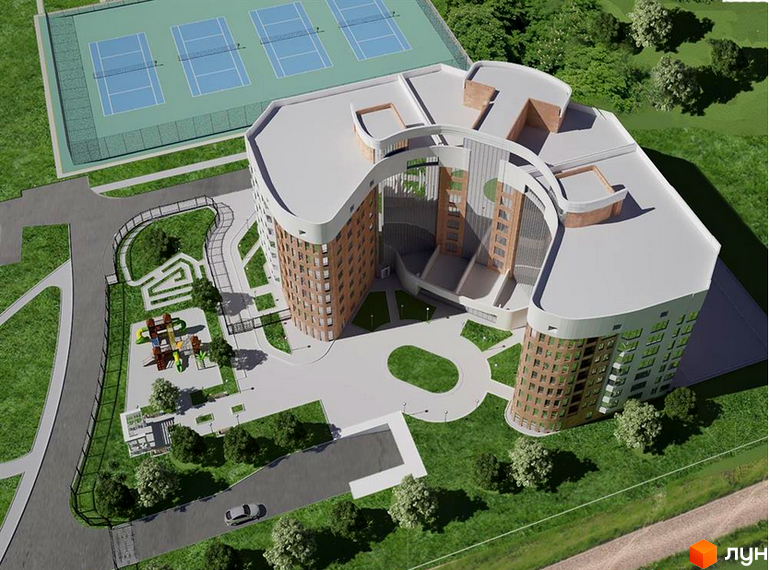 Зовнішній вигляд житлового комплексу ЖК Фаворит з прибудинковою територією та дитячим майданчиком.