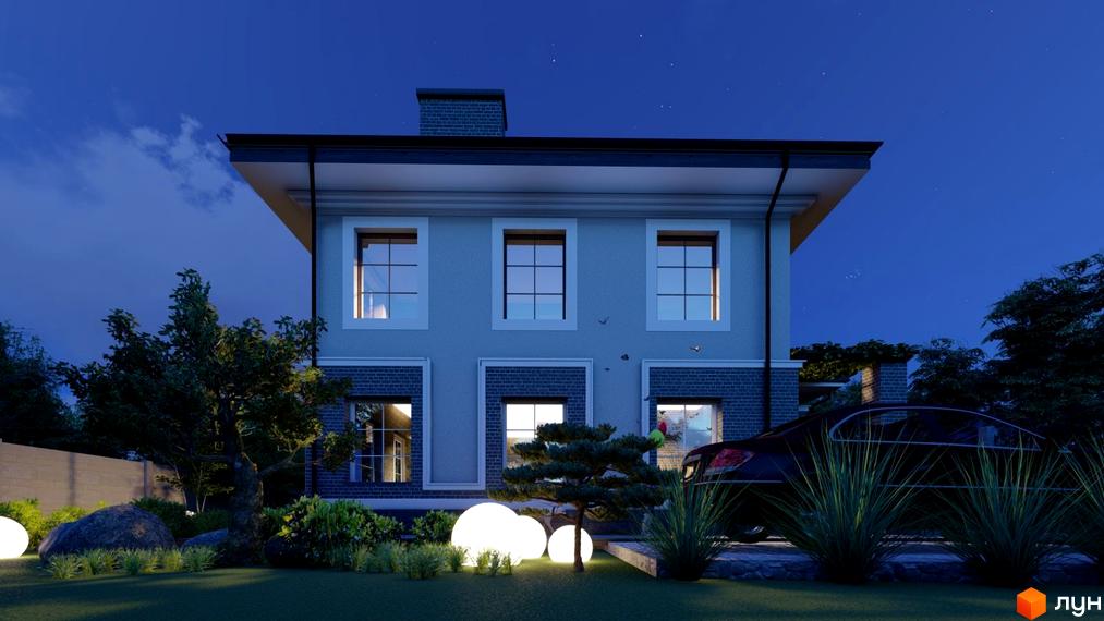 Зображення двоповерхового будинку з великими вікнами та освітленою прибудинковою територією. Перед будинком ростуть дерева та кущі.