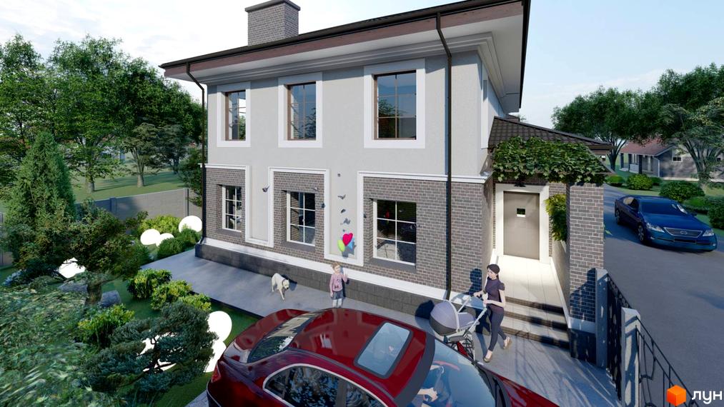 Зображення двоповерхового будинку з цегляним оздобленням та прибудинковою територією за адресою вул. Некрасова, 6.