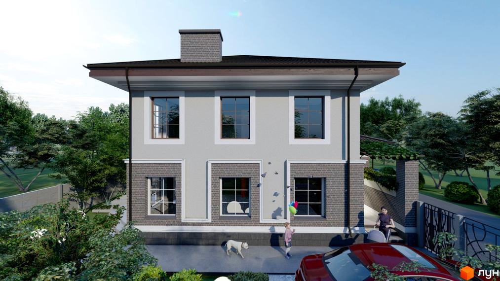 Двоповерховий будинок з сірим фасадом та цегляними вставками. На прибудинковій території є люди, собака та червоний автомобіль.