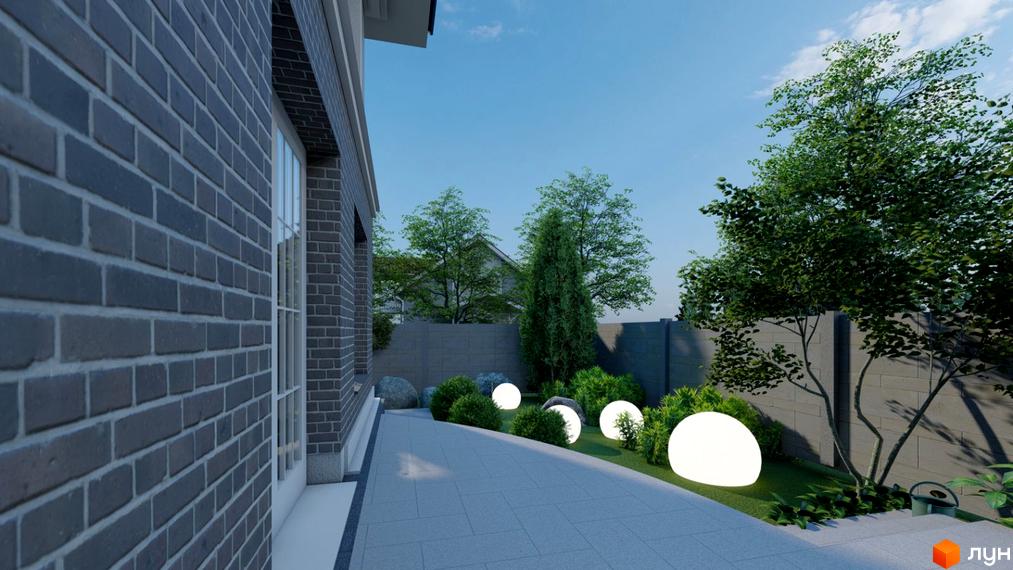 Зображення фасаду будинку з сірої цегли та прибудинкової території з освітленням на вул. Некрасова, 6.