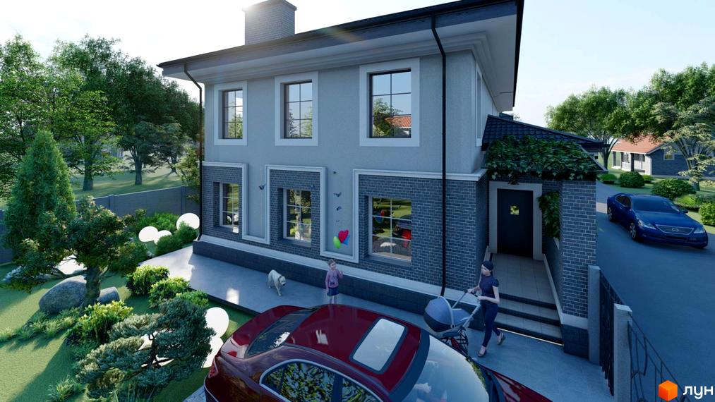 Зображення двоповерхового будинку з сірими стінами та темно-сірим дахом. Навколо будинку зелені насадження та доглянутий газон.