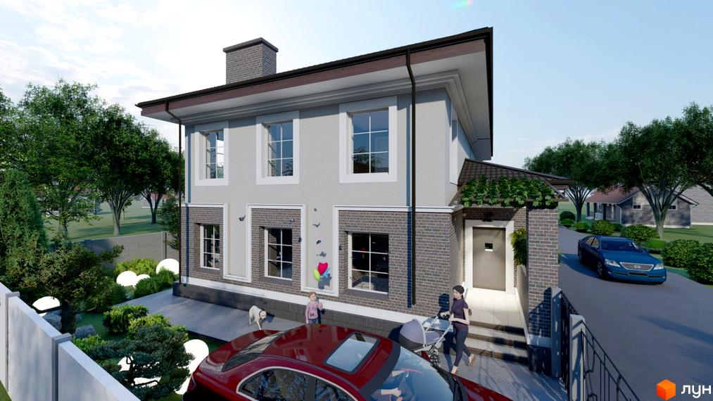 Двоповерховий будинок з сірим фасадом та цегляною обробкою. На прибудинковій території є газон, дерева, машини та люди.