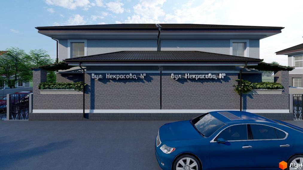 Житловий комплекс на вул. Некрасова, 6. Двоповерховий будинок з сірою цегляною кладкою та темно-коричневим дахом. Перед будинком асфальтована дорога та синій автомобіль.