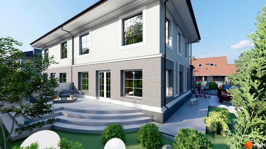 Зображення двоповерхового будинку з сірою цегляною кладкою та великими вікнами. На подвір'ї зелені насадження та доріжки.