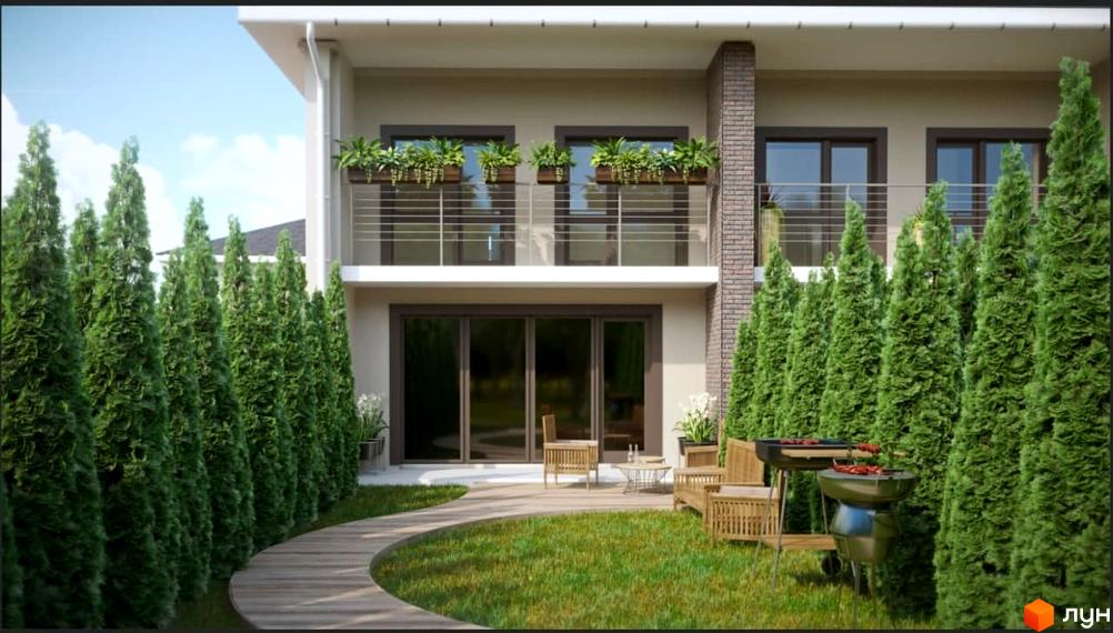 Зображення таунхаусів Vishenki Townhouse з балконами та зеленими насадженнями. На території є дерев'яна доріжка та зона для барбекю.