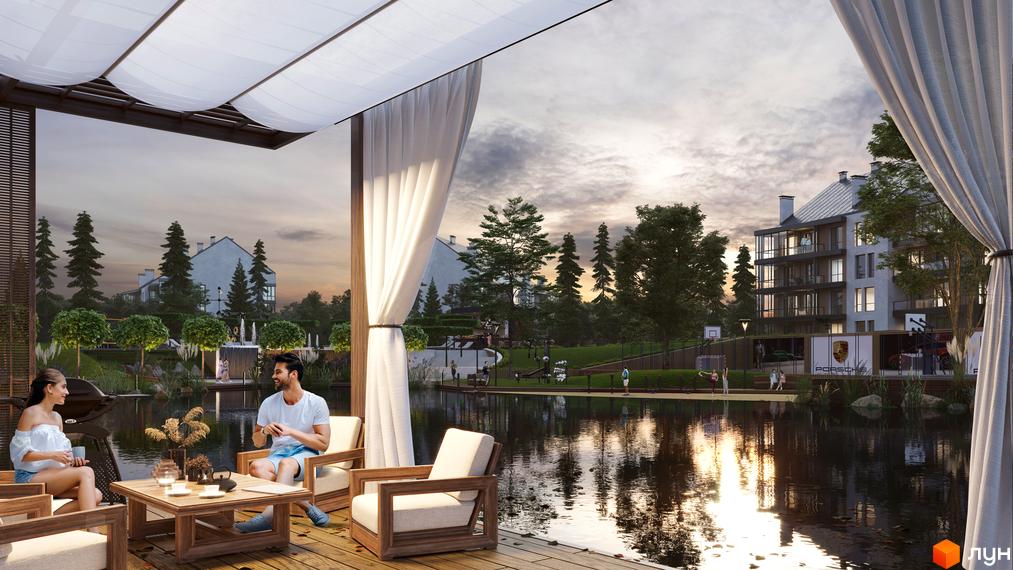 Житловий комплекс ParkVille з видом на озеро та зелену зону. Сучасна архітектура будинків та облаштована прибудинкова територія для відпочинку.