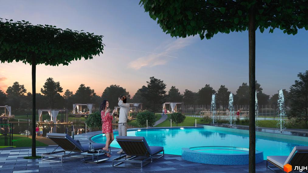 Житловий комплекс ParkVille: басейн з фонтанами та зона відпочинку біля озера з альтанками. Відкрийте для себе комфортне життя у новобудові.