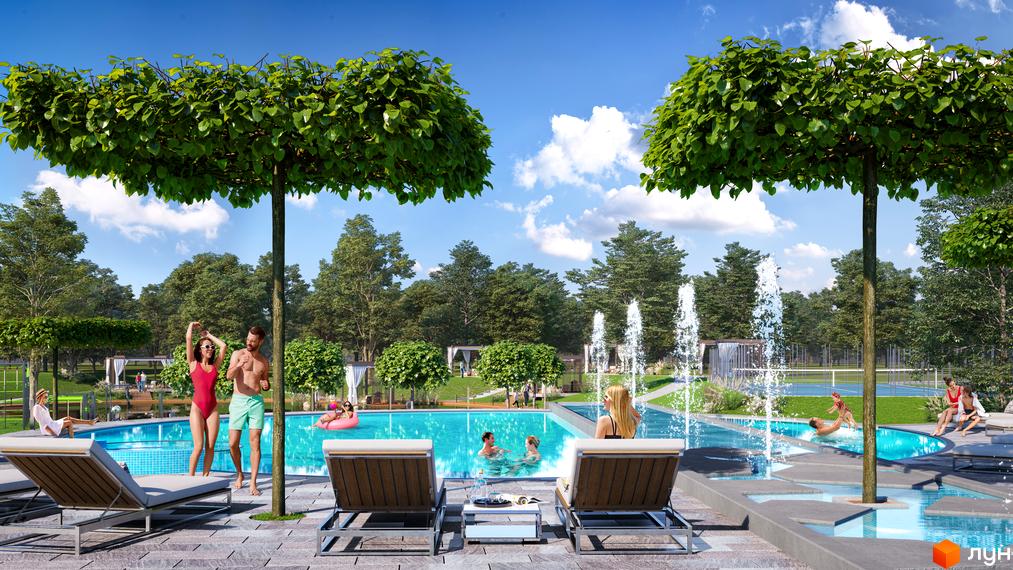 Житловий комплекс ParkVille: сучасний басейн з фонтанами та зонами відпочинку на території. Насолоджуйтесь відпочинком біля води серед зелені та комфортних шезлонгів.