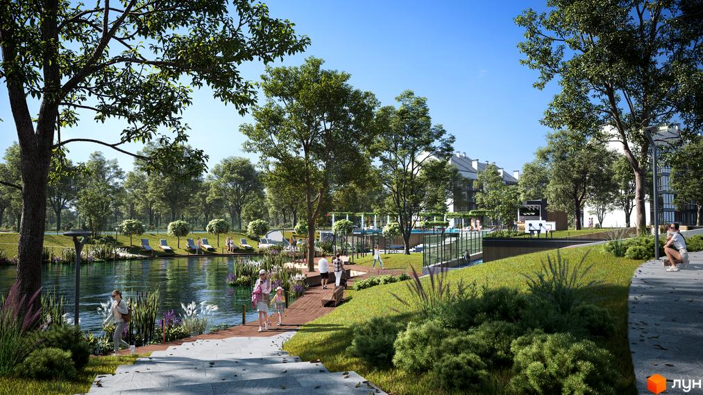 Житловий комплекс ParkVille з озером, басейном та зонами відпочинку. Зелена прибудинкова територія з деревами та доріжками.
