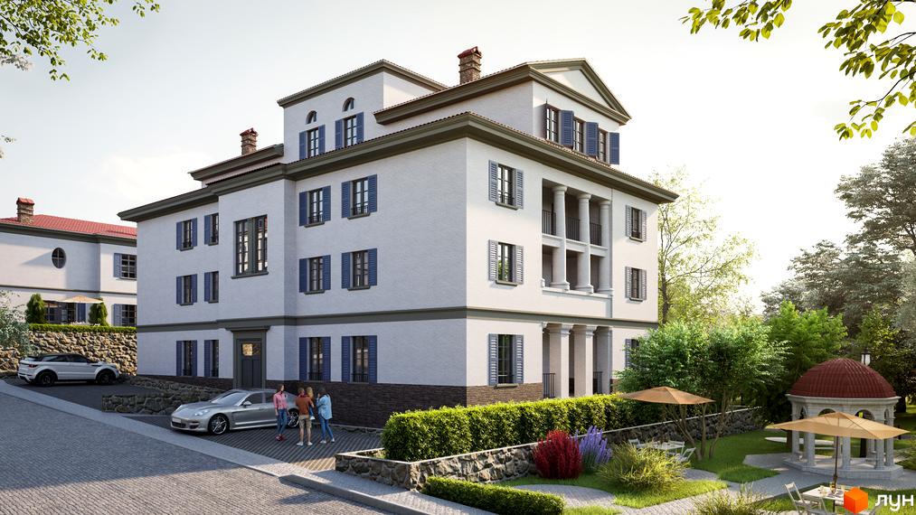 Зображення триповерхового будинку з колонами в Житловому комплексі FAMILY BOTANIQ GARDEN. На передньому плані припарковані автомобілі та люди.