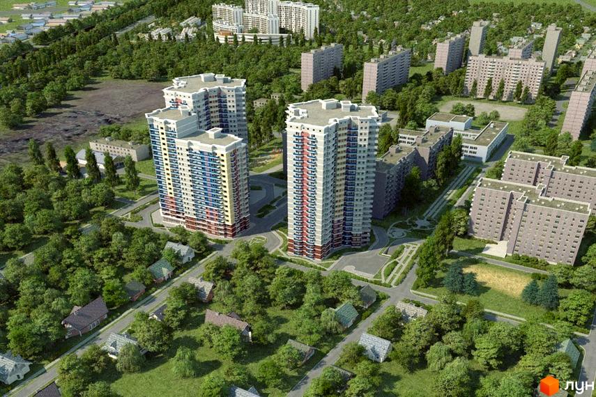 Багатоповерхові будинки Житлового комплексу Consol City з балконами та кольоровими фасадами, оточені зеленими насадженнями та дорогами.
