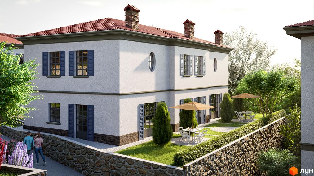 Двоповерховий будинок з червоним дахом та блакитними віконницями. На території розташовані столики з парасольками, газон та кам'яний паркан.