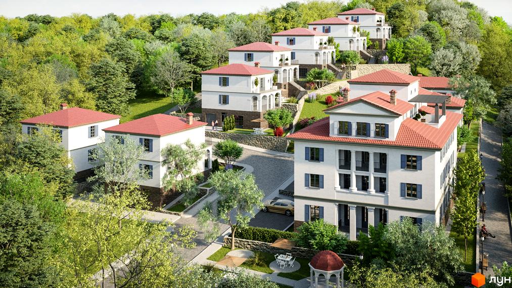 Зображення Котеджного містечка FAMILY BOTANIQ GARDEN з двоповерховими будинками з червоними дахами. Навколо зелені дерева та доглянута територія.