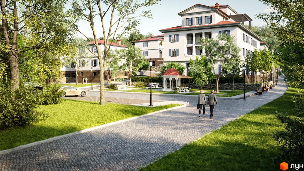 Будівлі КМ FAMILY BOTANIQ GARDEN з білими фасадами та червоними дахами, поруч доглянута прибудинкова територія з алеями та зеленими насадженнями.