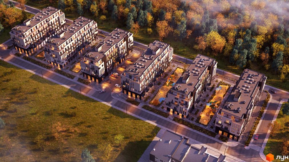 Житловий комплекс SILENT PARK з сучасними фасадами та упорядкованою прибудинковою територією з дитячим майданчиком.