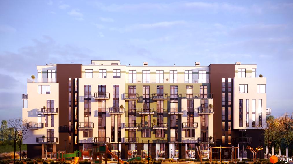 Житловий комплекс SILENT PARK з багатоповерховим будинком у світлих та зелених тонах. На прибудинковій території розташований дитячий майданчик.