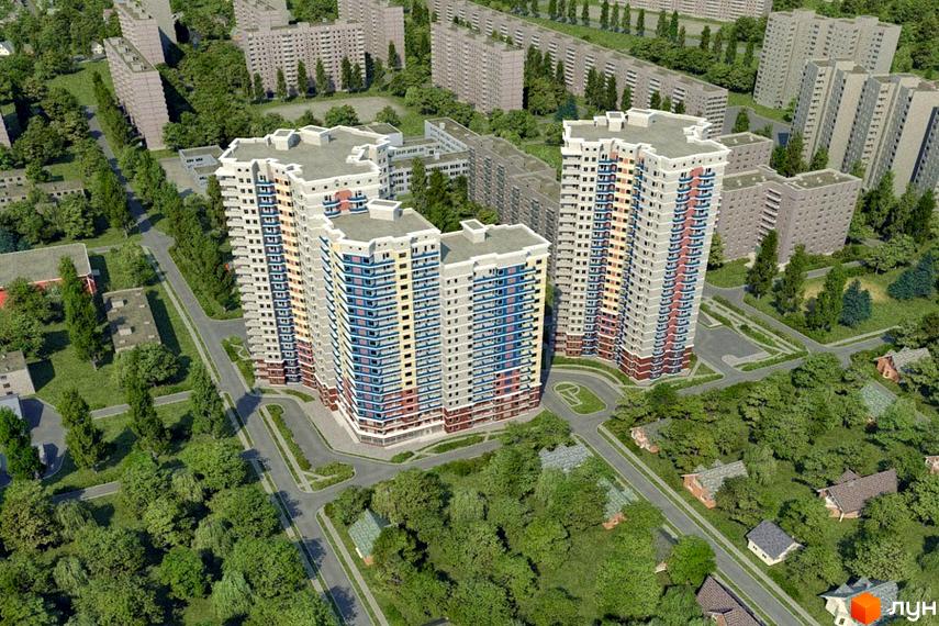 Житловий комплекс Consol City з висотними будинками та зеленими прибудинковими територіями. Оточений житловими кварталами та деревами.