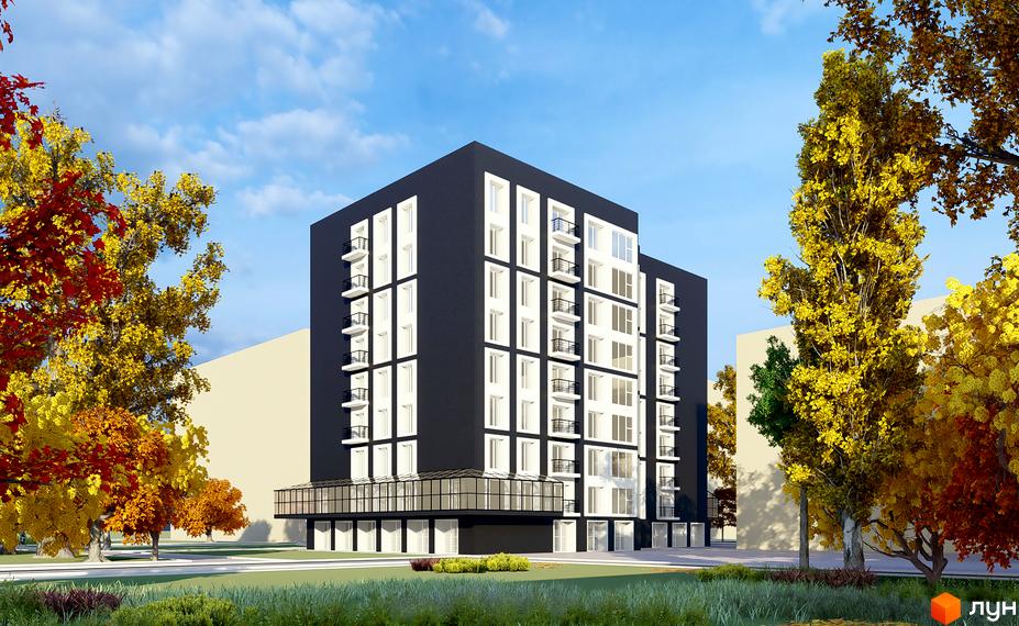 Зображення фасаду та прибудинкової території Житлового комплексу Park House. Навколо будинку зелені насадження та дерева.