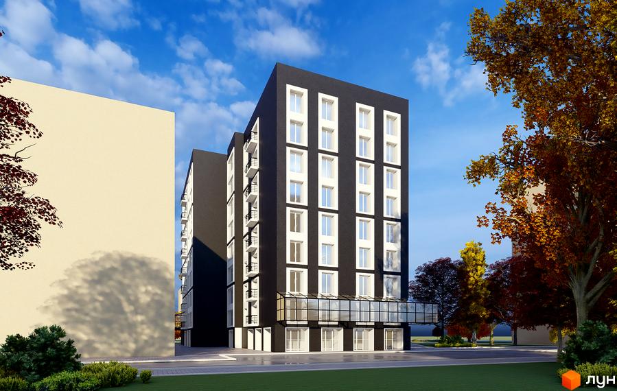 Зображення фасаду Новобудови Park House з великими вікнами та прибудинковою територією з деревами.