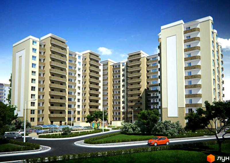 Житловий комплекс Победа: багатоповерхові будинки світло-бежевого кольору з коричневими балконами. Прибудинкова територія має зелені газони, дерева та дороги.