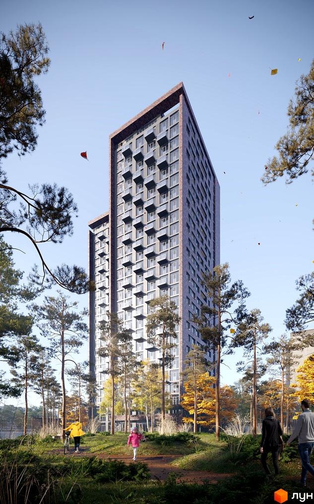 Висотна будівля ЖК MAISON з фасадом з цегли та великою кількістю вікон. Поруч розташовані дерева, люди гуляють по території.