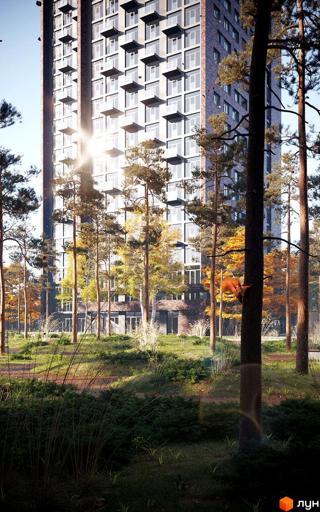 Зображення фасаду Новобудови MAISON та прибудинкової території з деревами. Вигляд будинку ззовні.