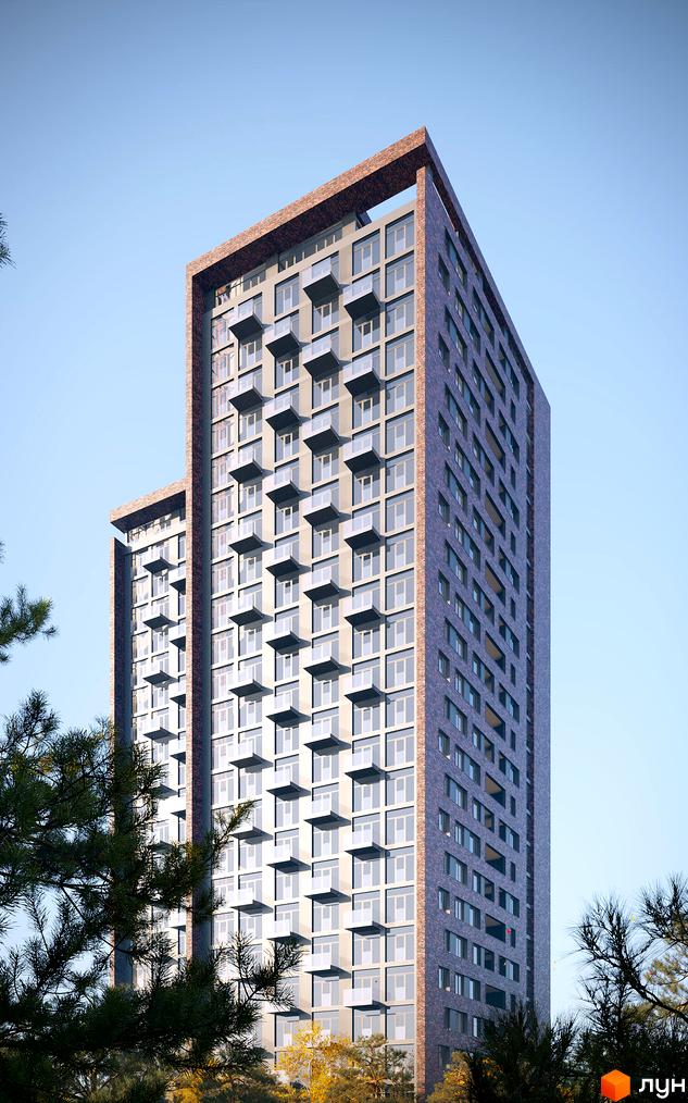 Зображення висотного будинку Житлового комплексу MAISON з великими вікнами та балконами на тлі блакитного неба. Вид на фасад новобудови.