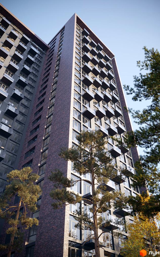 Вигляд багатоповерхового будинку в Житловому комплексі MAISON з великими вікнами та балконами. Навколо будинку ростуть дерева.