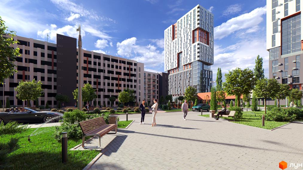 Житловий комплекс BonAparte з високою вежею та багаторівневою парковкою, упорядкована прибудинкова територія з ландшафтним дизайном та місцями для відпочинку.