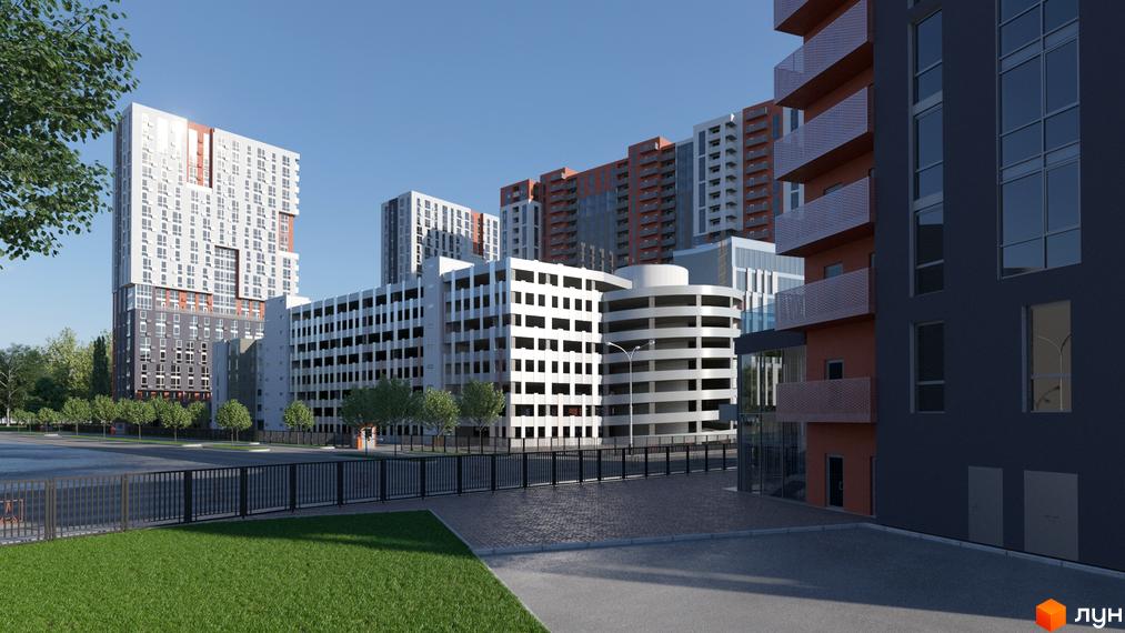 Житловий комплекс BonAparte: багатоповерхові будинки з фасадами білого, сірого та цегляного кольору, поруч розташовані багаторівневі паркінги. Територія комплексу огороджена парканом, з газоном та деревами.