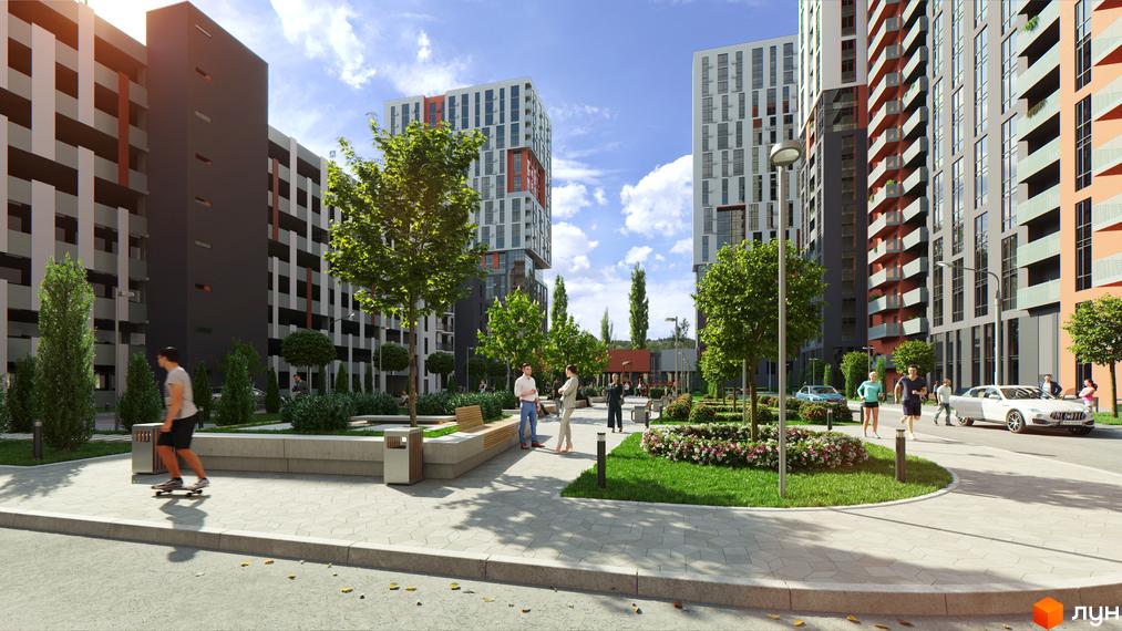 Житловий комплекс BonAparte з багатоповерховими будинками та облаштованою прибудинковою територією з зеленими зонами та місцями для відпочинку.