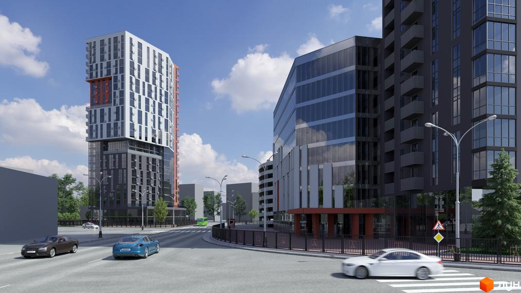 Житловий комплекс BonAparte з білою та сірою фасадною обробкою, панорамними вікнами та балконами, розташований біля дороги з автомобілями.