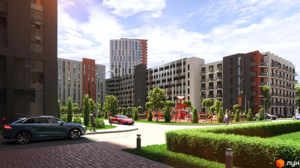 Зовнішній вигляд житлового комплексу BonAparte з сучасними фасадами та прибудинковою територією з дитячим майданчиком.