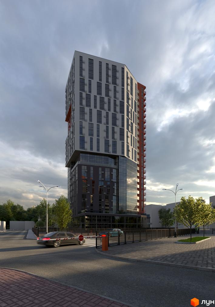 Житловий комплекс BonAparte – це висотна будівля з білими та сірими фасадами, скляними елементами та червоними балконними лоджіями. На прибудинковій території розташовані дерева та паркан.