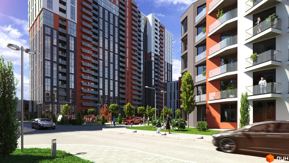 Житловий комплекс BonAparte з фасадами з темних панелей та оранжевими акцентами, балконами зі скляним огородженням та зеленою прибудинковою територією.