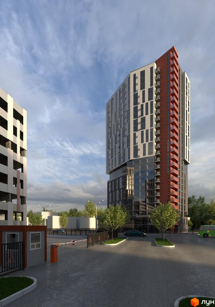 Комплекс BonAparte з червоними та сірими фасадами, скляними елементами та балконами. Прибудинкова територія з деревами, дорогою та шлагбаумом.