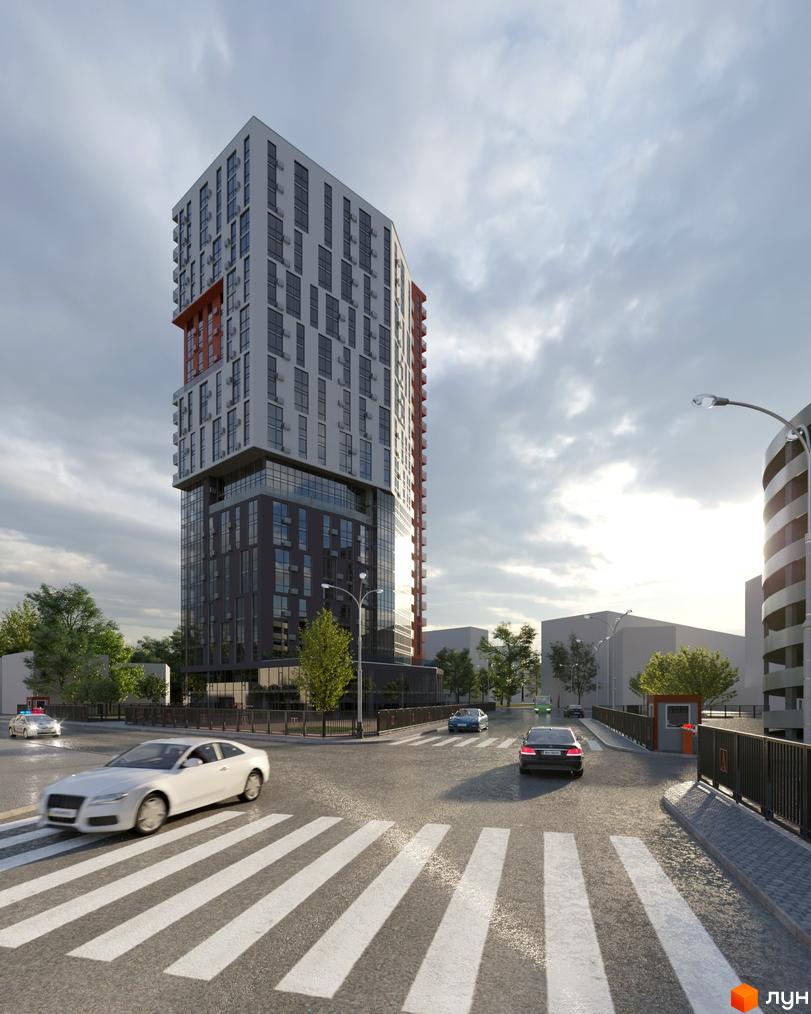 Житловий комплекс BonAparte – висотна будівля з сірими та білими фасадами, акцентована червоними елементами, з автомобілями та пішохідним переходом на вулиці.