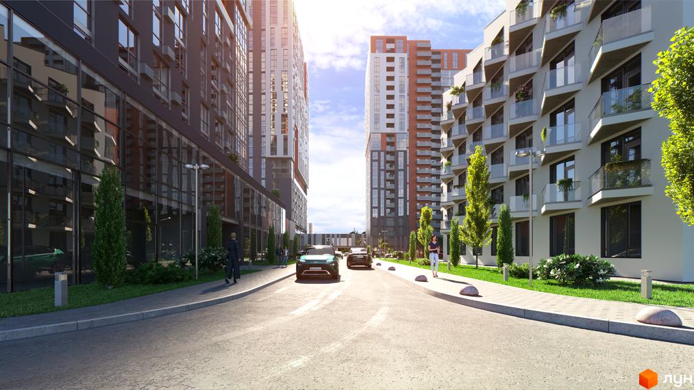 Зовнішній вигляд ЖК BonAparte: сучасні багатоповерхові будинки з балконами та скляними фасадами, доглянута прибудинкова територія з деревами та пішохідними доріжками.