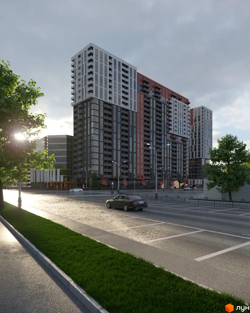 Житловий комплекс BonAparte з фасадами сірого, білого та цегляного кольору, з великою кількістю скління та балконів. Навколо будинку зелена трава та дорога з автомобілями.