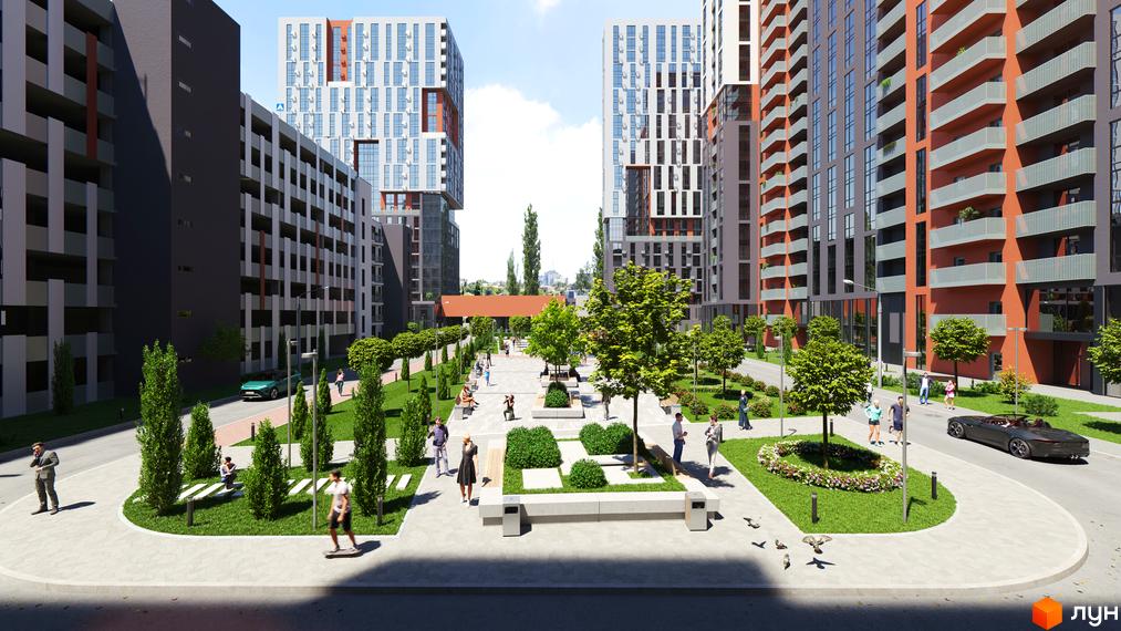 Житловий комплекс BonAparte з фасадами з сірих та оранжевих панелей, що оточений доглянутою прибудинковою територією з деревами та зонами відпочинку.