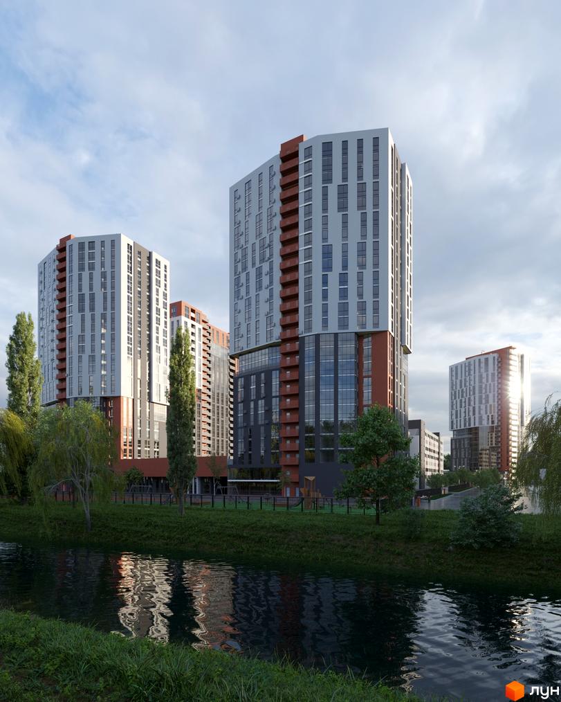 Житловий комплекс BonAparte: сучасні висотні будинки з панорамними вікнами та балконами, розташовані біля річки з зеленою зоною та деревами.