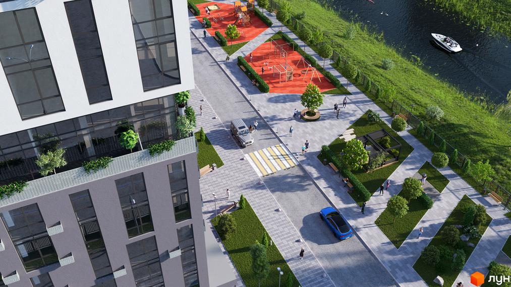 Житловий комплекс BonAparte: фасад будівлі з великими вікнами та прибудинкова територія з дитячим майданчиком та зоною відпочинку біля води.