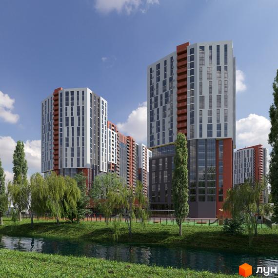 Житловий комплекс BonAparte: багатоповерхові будинки з білими та сірими фасадами, червоними акцентами, розташовані біля водойми та зеленої зони з деревами.