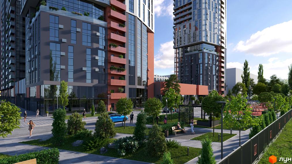 Житловий комплекс BonAparte з цегляними балконами та великими вікнами, прибудинкова територія з зеленими насадженнями та дитячим майданчиком.