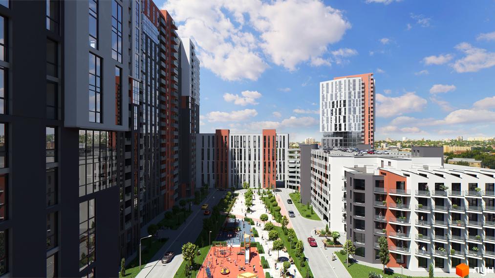 Житловий комплекс ЖК BonAparte з фасадами сірого та помаранчевого кольору та доглянутою прибудинковою територією з дитячим майданчиком.