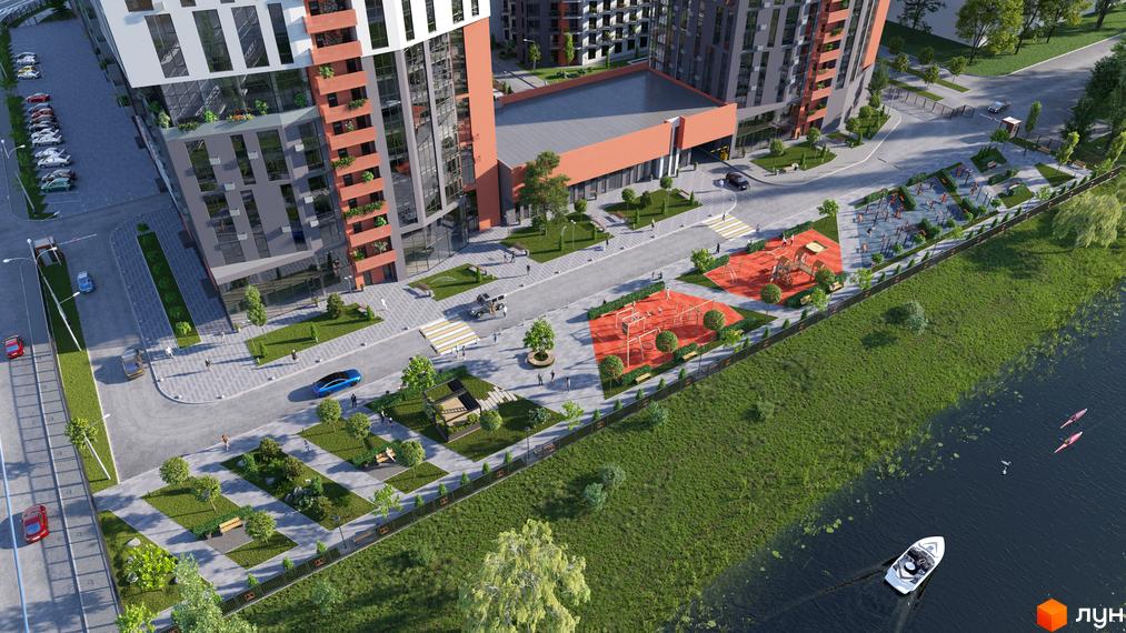 Житловий комплекс BonAparte з фасадами з сірих панелей та оранжевими елементами, з дитячими майданчиками та зоною відпочинку біля води.