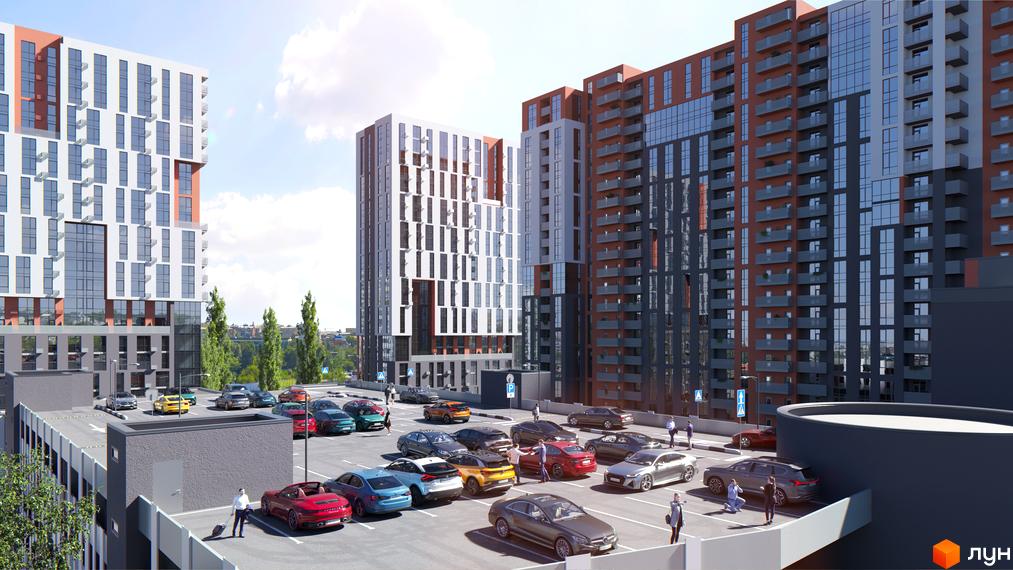 Житловий комплекс BonAparte з цегляними та скляними фасадами, балконами та паркінгом з автомобілями.